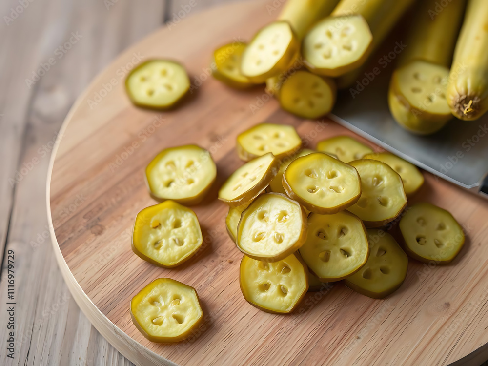 Sliced artisan pickles arranged on rustic wooden cutting board, showcasing their vibrant color and texture, perfect for food photography or culinary presentations Sliced artisan pickles arranged on rustic wooden cutting board, showcasing their vibrant color and texture, perfect for food photography or culinary presentations