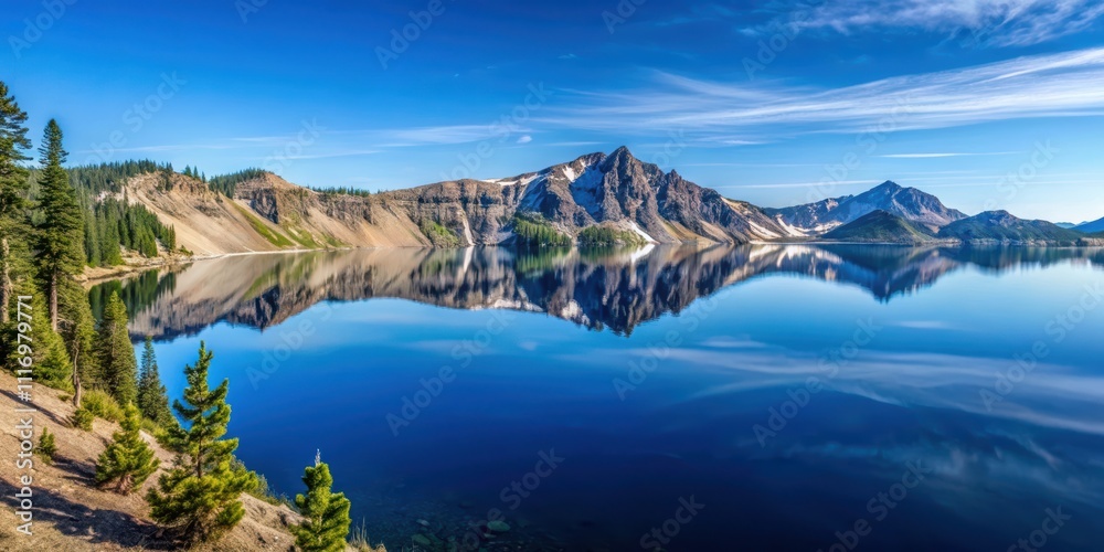 Fototapeta premium Tranquil view of Crater Lake with mirror-like reflections on a calm and clear summer morning, Crater Lake, Oregon, reflection, water