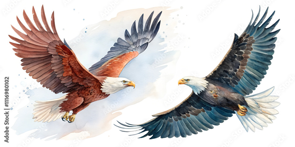 Fototapeta premium flying american eagle watercolor set illustration cut out isolated on white background