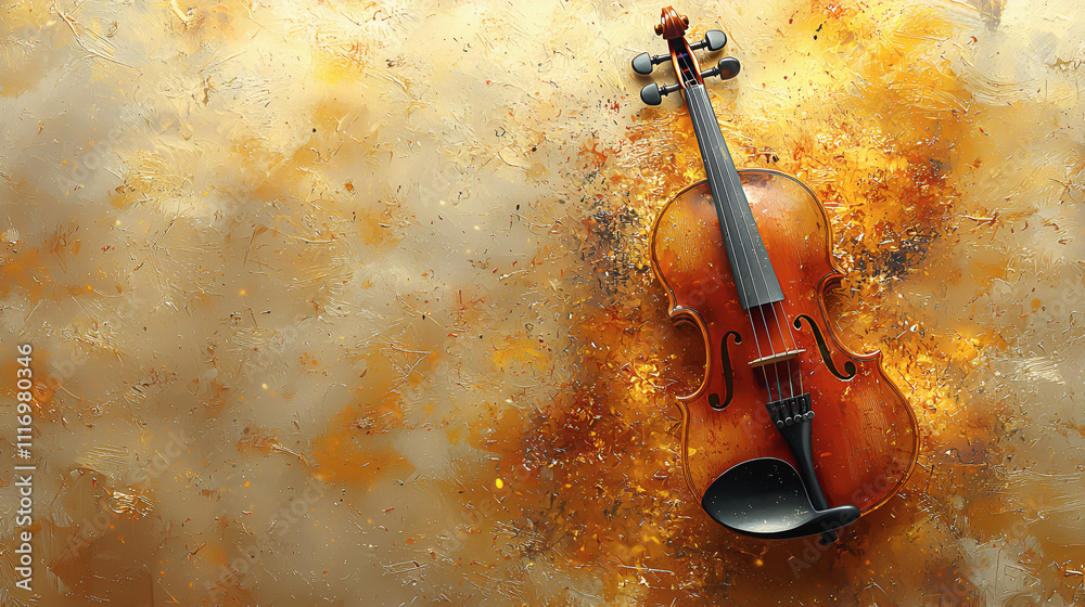 Fototapeta premium Rustic Violin Surrounded by Artistic Splashes of Gold and Orange 
