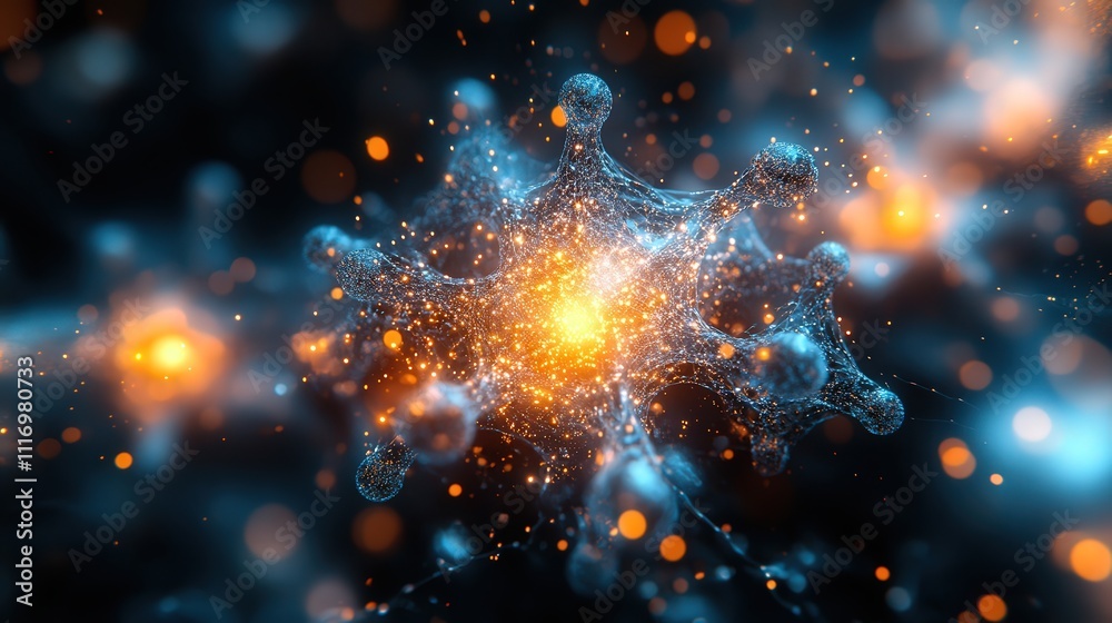 Abstract representation of molecular structure with vibrant colors and shimmering particles creating a sense of depth and scientific exploration in biochemistry. Abstract representation of molecular structure with vibrant colors and shimmering particles creating a sense of depth and scientific exploration in biochemistry.