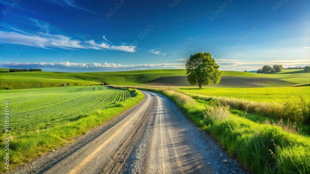 Obraz premium Country gravel road winding through green farmland under a clear blue sky , countryside, rural, landscape, nature