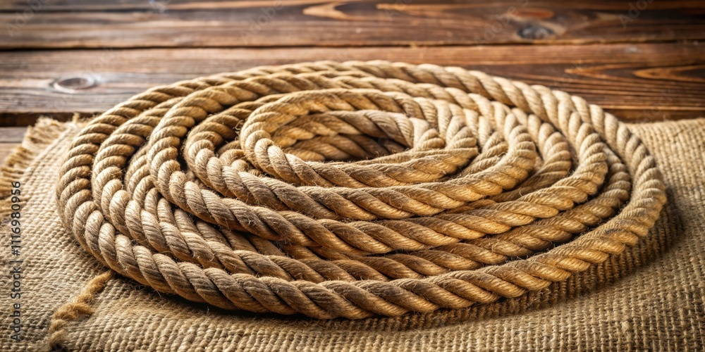 Natural rope coiled on wooden table with rustic sackcloth background, rope, natural, wooden, table, sackcloth, background Natural rope coiled on wooden table with rustic sackcloth background, rope, natural, wooden, table, sackcloth, background