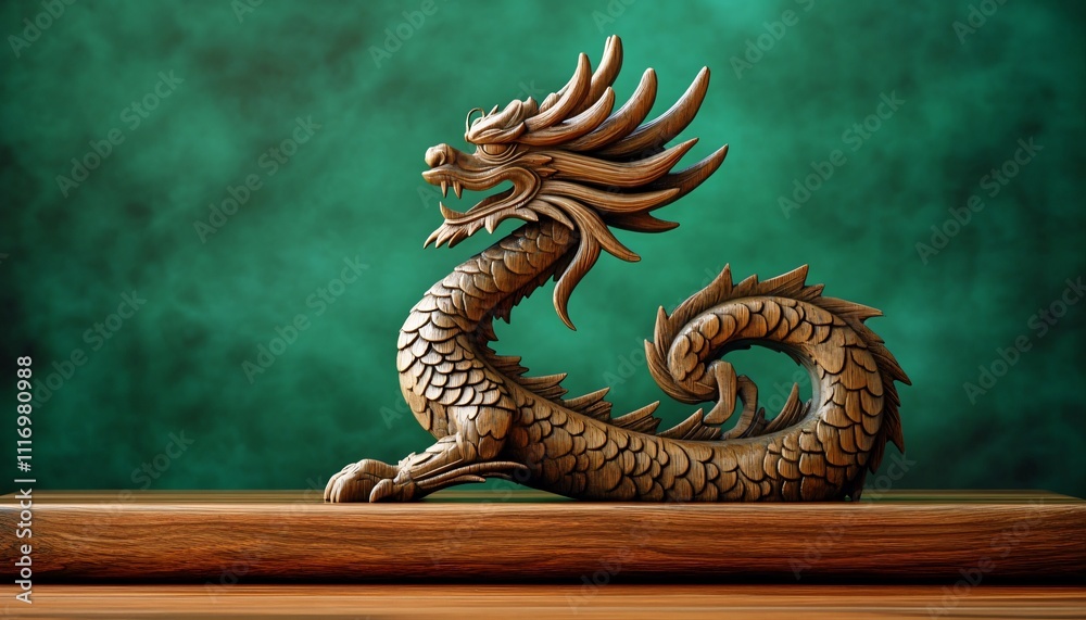 Fototapeta premium An intricately detailed wooden dragon sculpture set against a blurred green background. Ideal for Chinese New Year celebrations and artistic design projects.