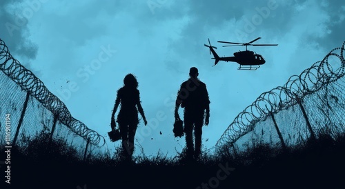 Border Retreat Migrants Silhouette Helicopter Barbed Wire Crisis Homeland Security photo