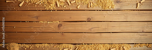 Wood planks on board covered in sawdust create rustic background, perfect for branding or graphics. spacious area invites creativity and design photo