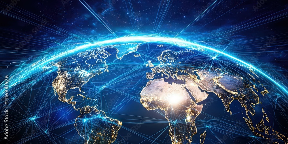 A futuristic global network with bright, glowing lines connecting different regions of the world, symbolizing advanced communication technology. A futuristic global network with bright, glowing lines connecting different regions of the world, symbolizing advanced communication technology.