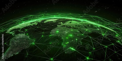 A futuristic, eco-friendly global network with green lines forming a web of connections around the globe, highlighting sustainability.