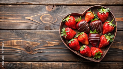 Heart-Shaped Box of Strawberries Drenched in Colorful Chocolate Icing on Rustic Wooden Background Perfect for Sweet Treats, Desserts, and Celebrations