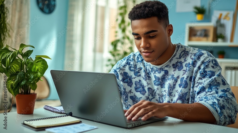 [Productive Young Man Working] Work From Home Setup with Laptop and Plant