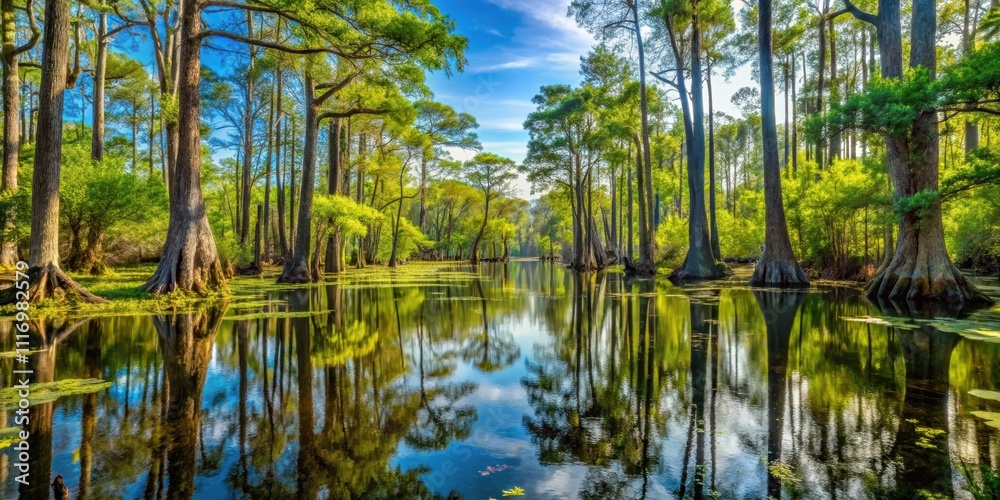 Obraz premium Beautiful swamp and forest in national park, swamp, forest, national park, nature, background, lush, green, serene, scenic