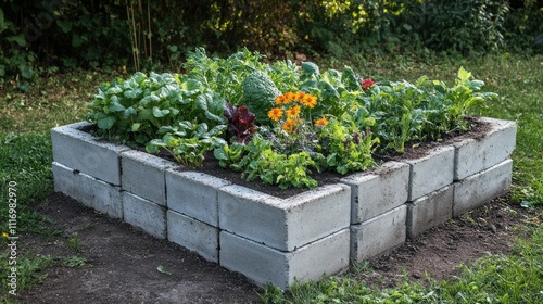 Fototapeta Naklejka Na Ścianę i Meble -  Sunlit raised garden bed with various vegetables and flowers.