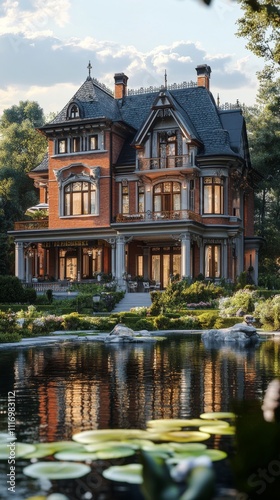 Victorian mansion reflecting in a tranquil lake at sunset