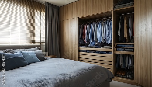 Modern Bedroom Interior Design with Built in Wooden Wardrobe and Organized Clothing