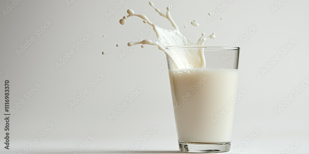A glass of milk against a plain white background, with a splash of milk frozen mid-air as it’s poured. A glass of milk against a plain white background, with a splash of milk frozen mid-air as it’s poured.