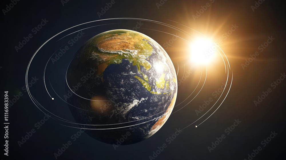 Naklejka premium Earth axis diagram illustration showing the tilt of the Earth's rotational axis relative to its orbital plane, explaining the cause of seasonal changes and the distribution of sunlight.