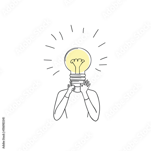 A light bulb with rays instead of a human head. One-line style. A symbol of creativity and inspiration.