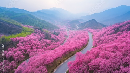 Cherry blossom road winding through a serene countryside at sunset