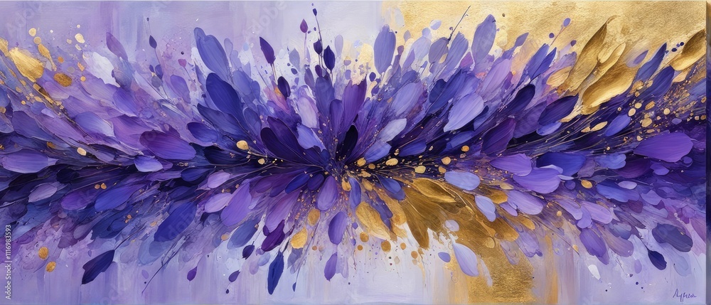 Obraz premium Vibrant Abstract Painting with Purple and Gold Brushstrokes Creating Dynamic Movement