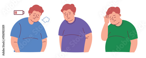 Tired Obese Man Have Headache, Migraine and Fatigue Syndrome Symptoms