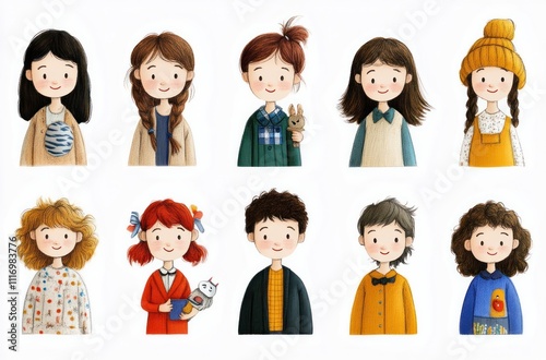 Whimsical Family Illustration Featuring Diverse Characters with Unique Hairstyles and Outfits