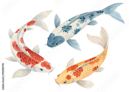 koi carp fish watercolor set illustration cut out isolated on white background
