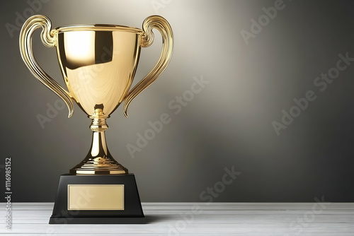 Gold trophy cup on wooden table against dark background.