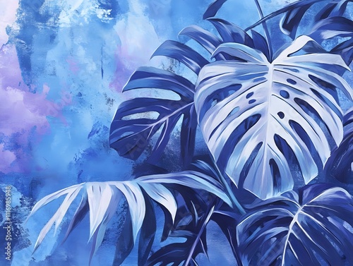 Vibrant Blue Tropical Leaves: An Abstract Composition