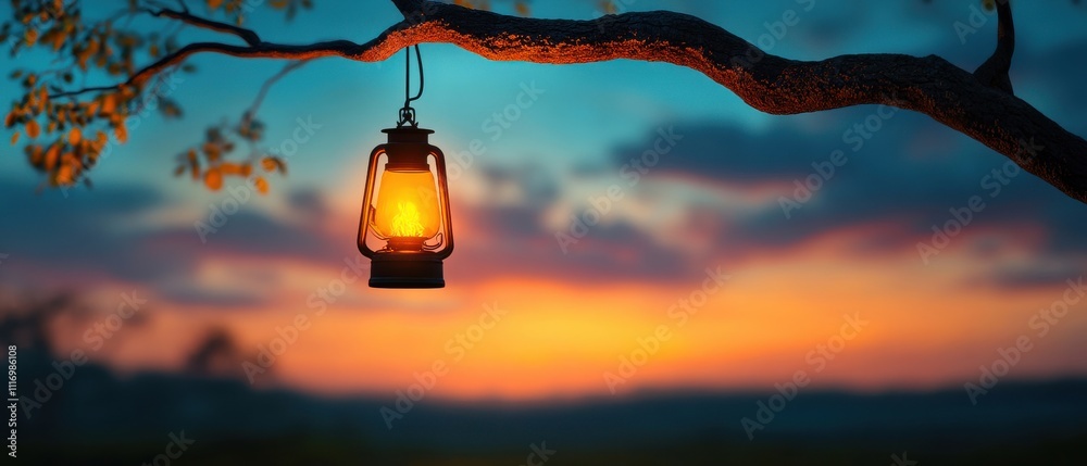 Obraz premium [Cozy Bonfire Firewood Atmosphere Evening] Serene Nighttime Landscape with Lantern in Tree Branch under Vibrant Sunset Sky