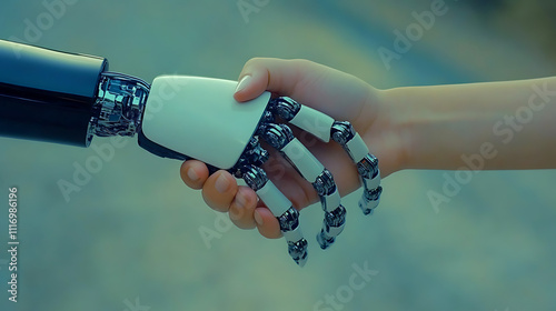 A close-up of a human hand reaching out to a robotic hand. The connection symbolizes the merging of technology and humanity, showcasing innovation and future possibilities.