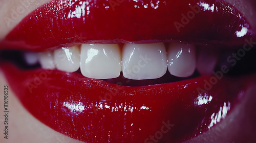 Close-up of glossy red lips highlighting bright white teeth, emanating a vibrant, healthy look that suggests confidence and allure.