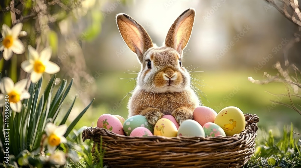 Easter bunny in basket with colorful eggs in spring garden with flowers Easter bunny in basket with colorful eggs in spring garden with flowers