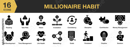 Millionaire Habit solid icon set. Includes income, billionaire, easy money, entrepreneur, savings, and More. Solid icons vector collection.