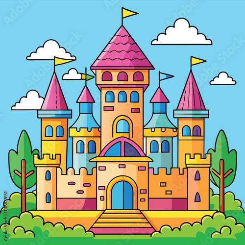 Majestic Royal Castle in Vibrant Hues: A Coloring Illustration for Creative Minds