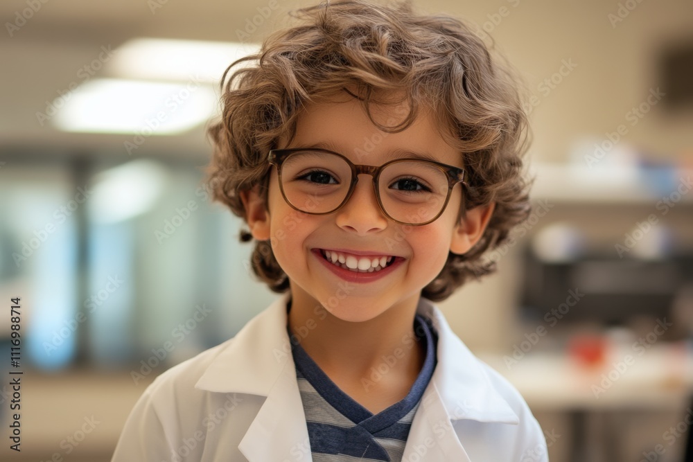 Young boy in lab coat and glasses smiles while exploring science in an educational setting