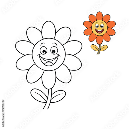 A delightful coloring page featuring a happy, cheerful flower with big, smiling petals and a bright, sunny face. Perfect for kids to bring color and joy to their day!