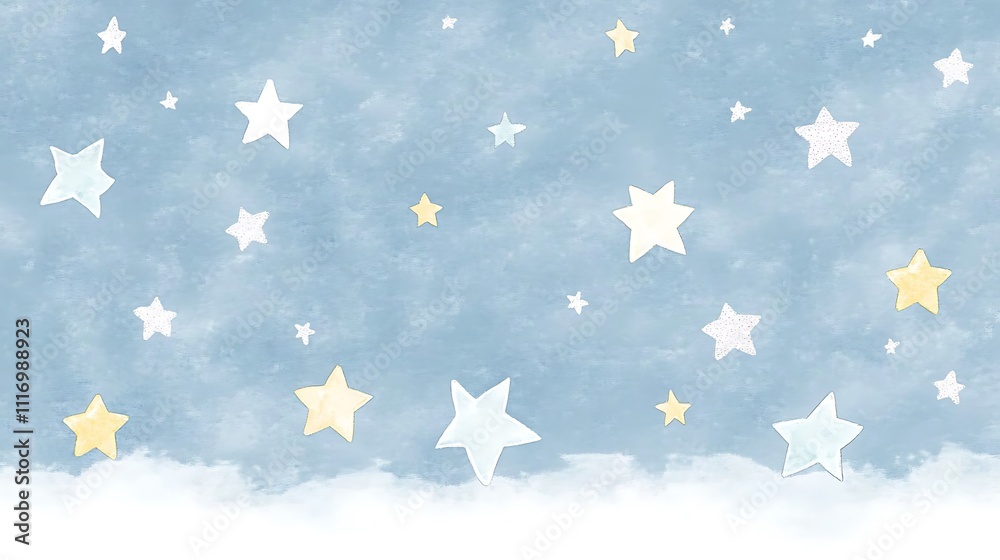 A Charming Collection of Hanging Stars Against a Soft Blue Background Creating a Whimsical Atmosphere A Charming Collection of Hanging Stars Against a Soft Blue Background Creating a Whimsical Atmosphere