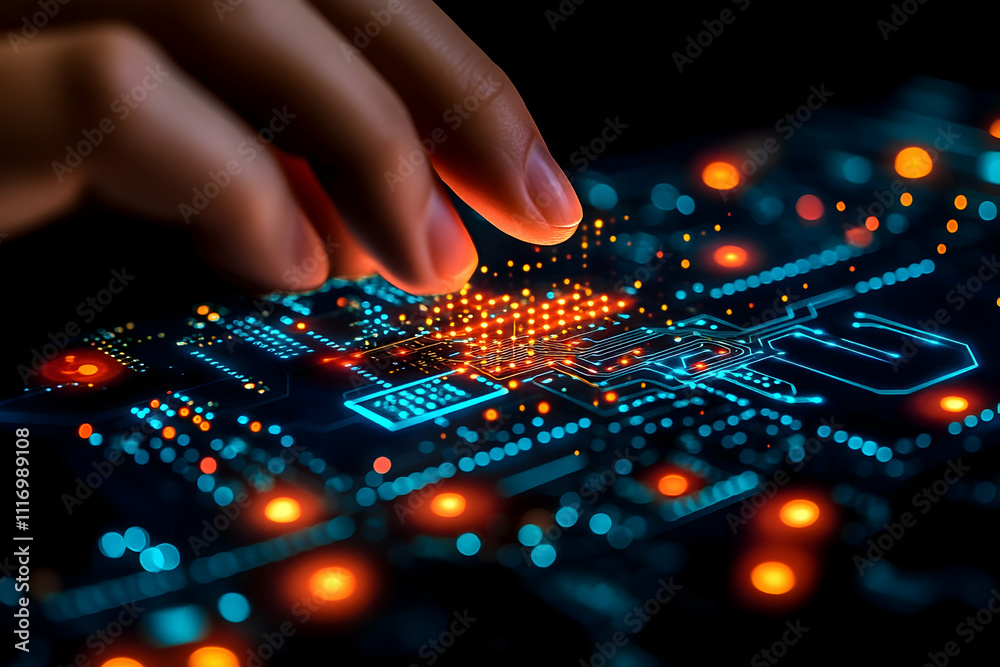 Hand interacting with glowing circuit board. Hand interacting with glowing circuit board.