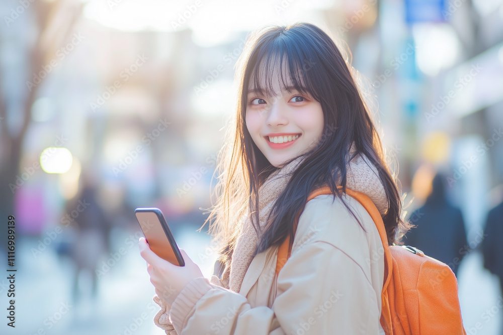 街でスマートフォンを使う若い女性