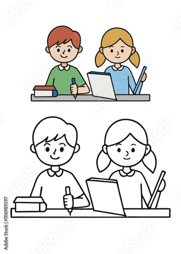 A fun coloring page showing cheerful students sitting at a desk, doing homework with books, pencils, and smiles, surrounded by a cozy classroom vibe. Perfect for kids!