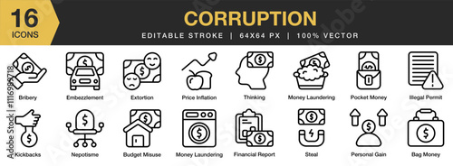 Corruption icon set. Editable Stroke Icon Collection. Includes corruption, bribery, money, finance, crime, and More. Outline icons vector collection.