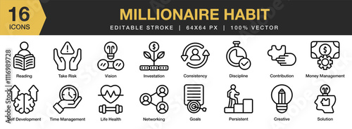 Millionaire Habit icon set. Editable Stroke Icon Collection. Includes Consistency, Consistent, Constant, Dynamic, Check, Tick, and More. Outline icons vector collection.
