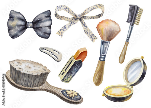 Collection of eight vintage cosmetics and hair accessories, including a brush, comb, powder case, lipstick, bow and hairclip. Can be used for fashion branding, advertising, greeting cards, or a blog