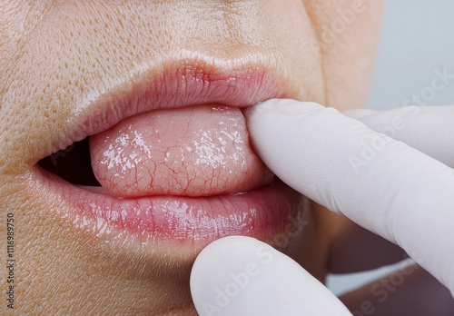 Tongue ulcer on Asian patient. It may be aphthous ulcer, canker sore, stress ulcer, or tongue cancer. photo