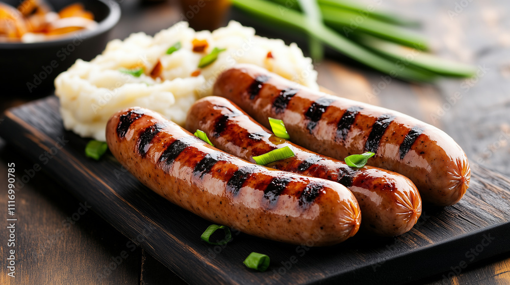 Three hot dogs are on a wooden cutting board with mashed potatoes Three hot dogs are on a wooden cutting board with mashed potatoes