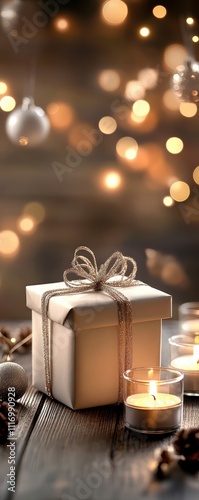 A beautifully wrapped gift box adorned with a sparkling ribbon sits on a wooden surface, surrounded by flickering candles and festive decorations, evoking a cozy holiday ambiance.