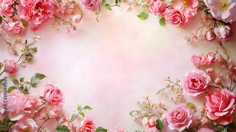 Beautiful pink floral frame background with space for text or photo, pastel flowers border on a soft light background