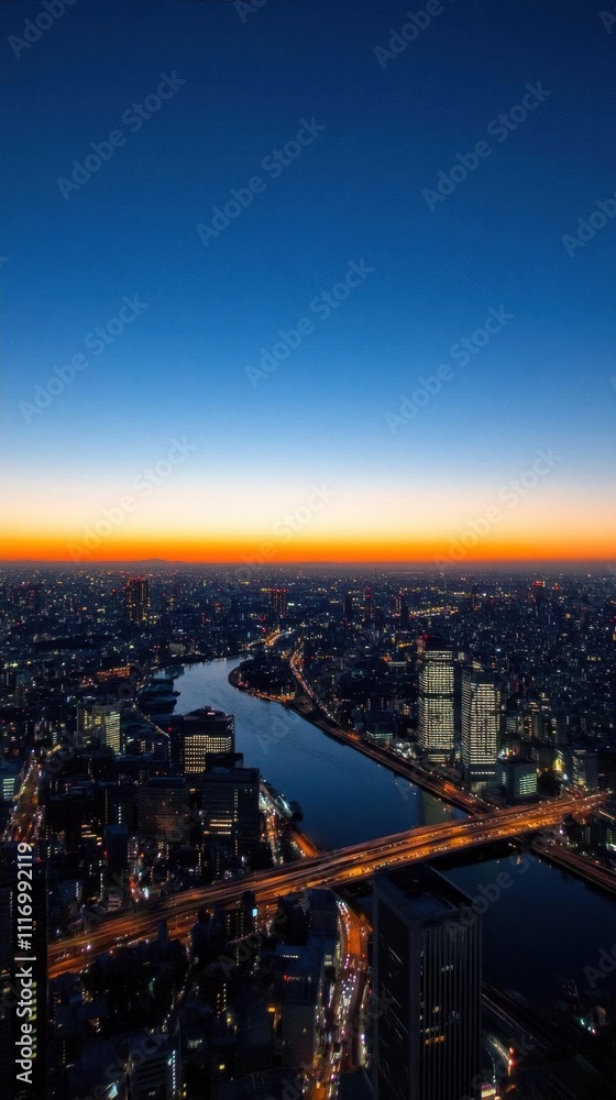 Fototapeta premium A stunning cityscape at dusk, showcasing a river and illuminated skyline.