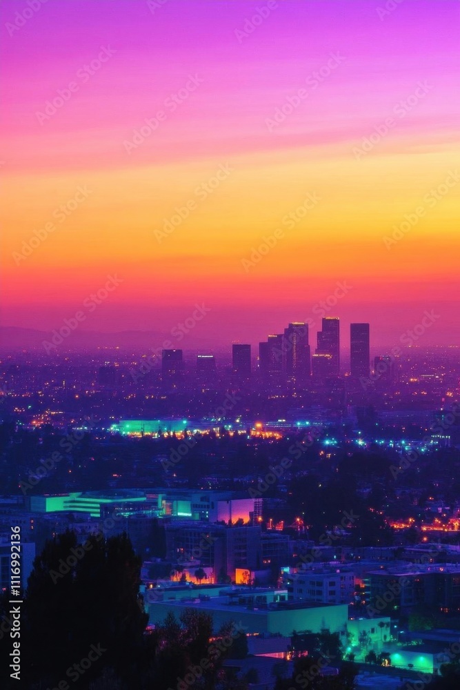 Obraz premium Vibrant city skyline at sunset with colorful lights and clouds.