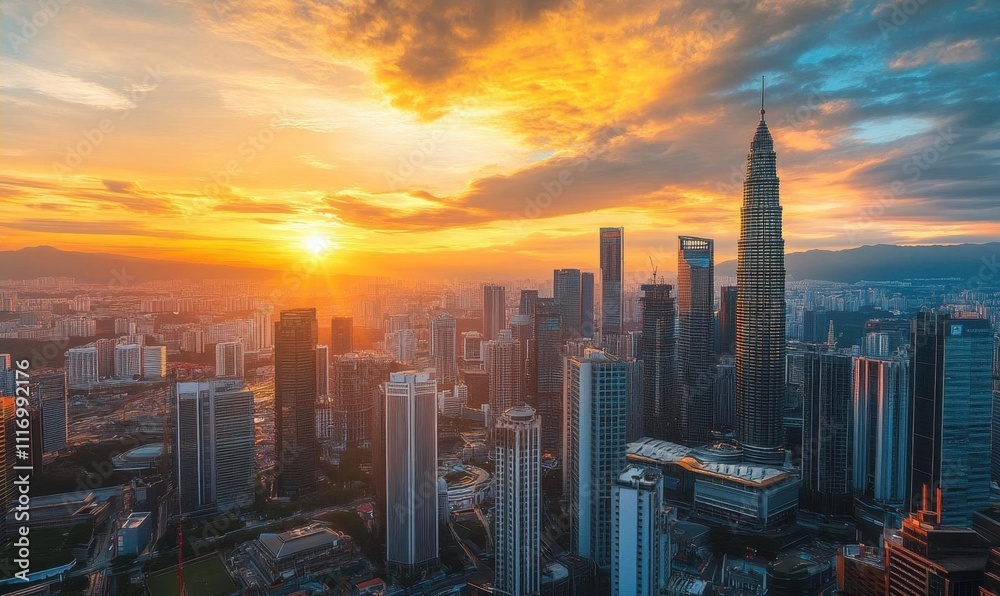 Obraz premium A stunning sunset over a city skyline with modern architecture.